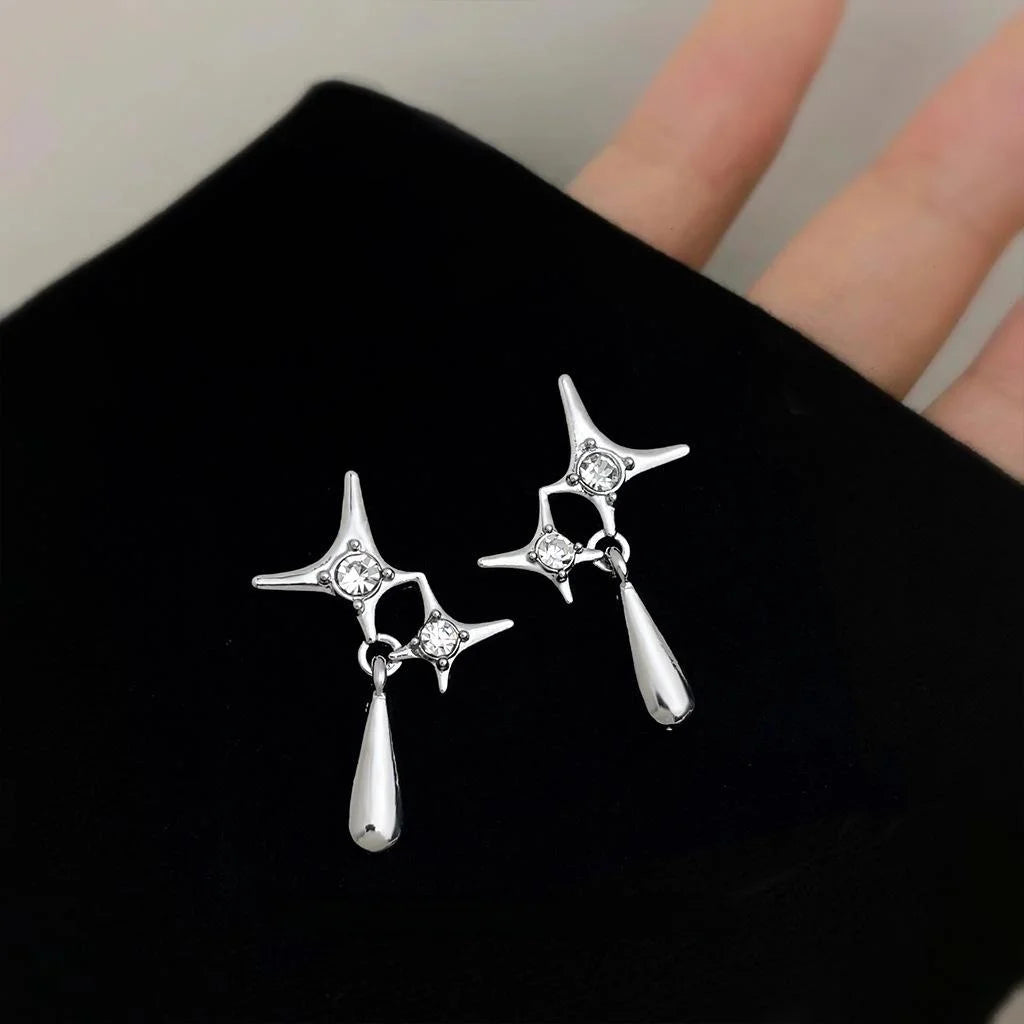 Sweet Cool Copper Star Cross Drop Earrings, Geometric Liquid Waterdrop Minimalist Jewelry