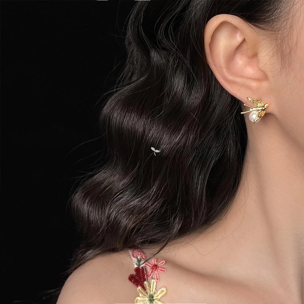 14K Plated Copper Glass Pearl Bird Stud Earrings Elegant Animal Design For Women
