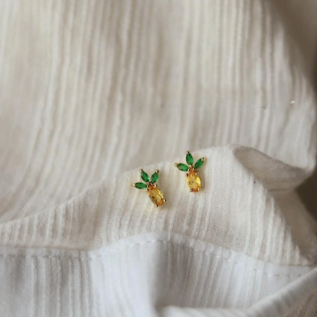 Fresh Sweet Copper Micro Pave Zircon Pineapple Mini Stud Earrings Cute Fruit Jewelry
