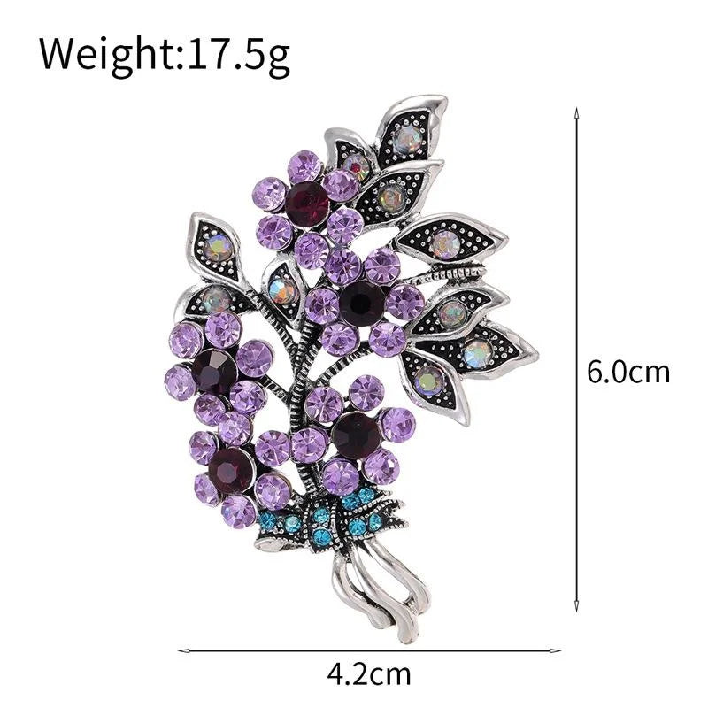 Elegant Purple Rhinestone Flower Bouquet And Leaf Brooch, Crystal Floral Lapel Pin Corsage Gift