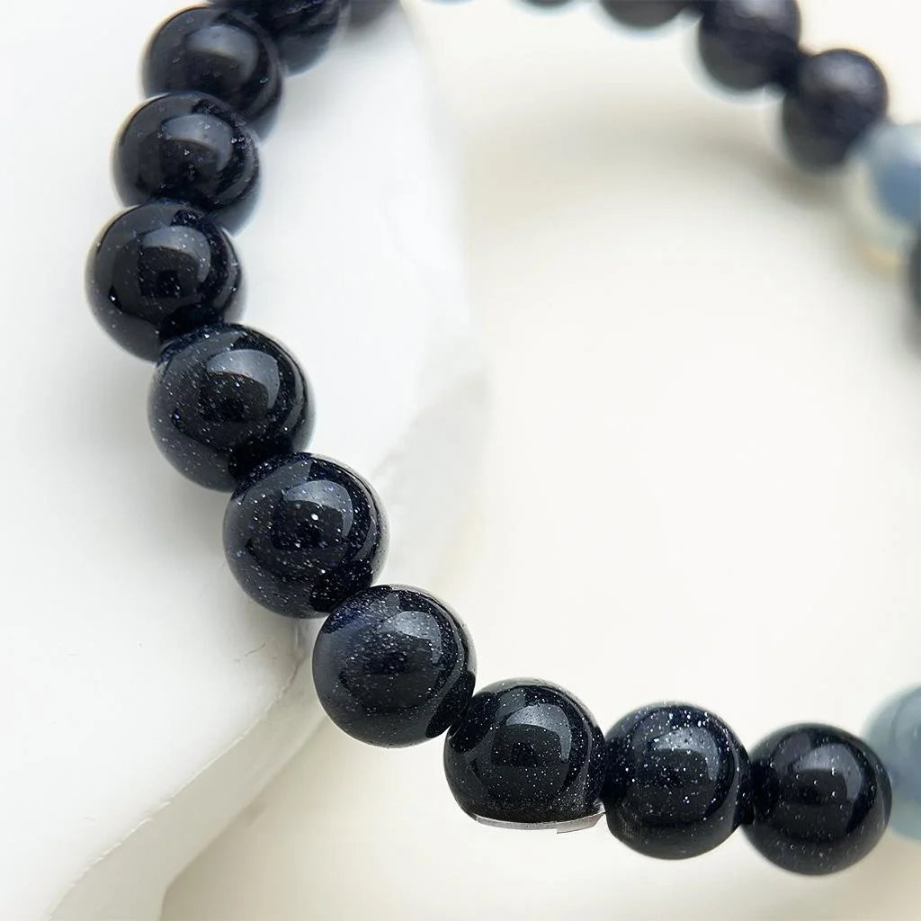 Blue Sandstone Agate Crystal Beaded Bracelet Retro New Chinese Geometric Womens Jewelry