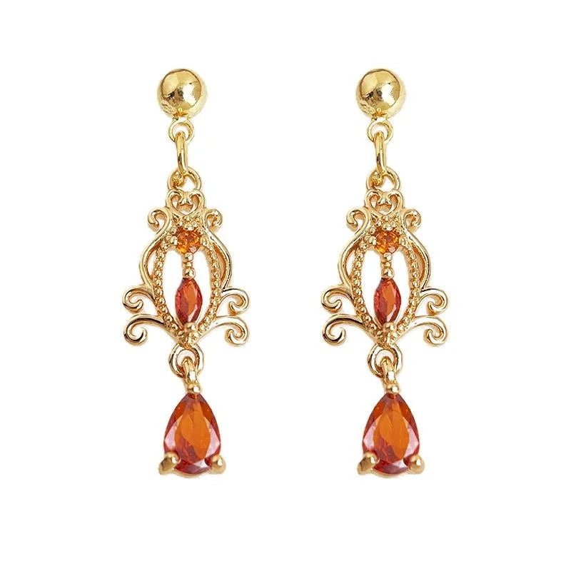 Vintage Court Style Burgundy Zircon Copper Long Tassel Drop Earrings