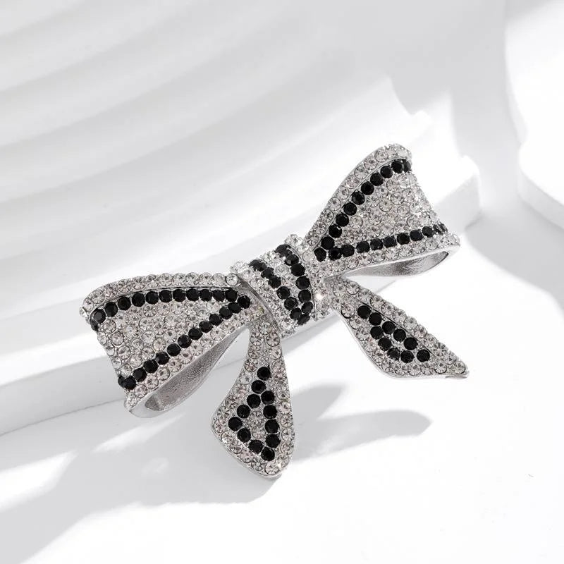 Elegant Black White Rhinestone Bow Brooch, Luxury Alloy Lapel Pin Corsage For Suit Coat Gift