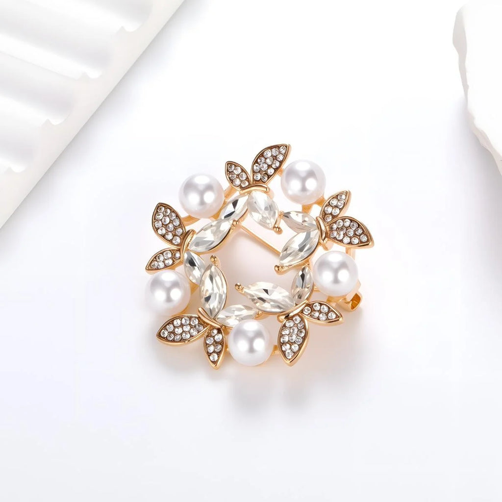 Vintage Butterfly Flower Pearl Wreath Brooch With Rhinestone Zircon Copper Lapel Pin For Women Suit Gift