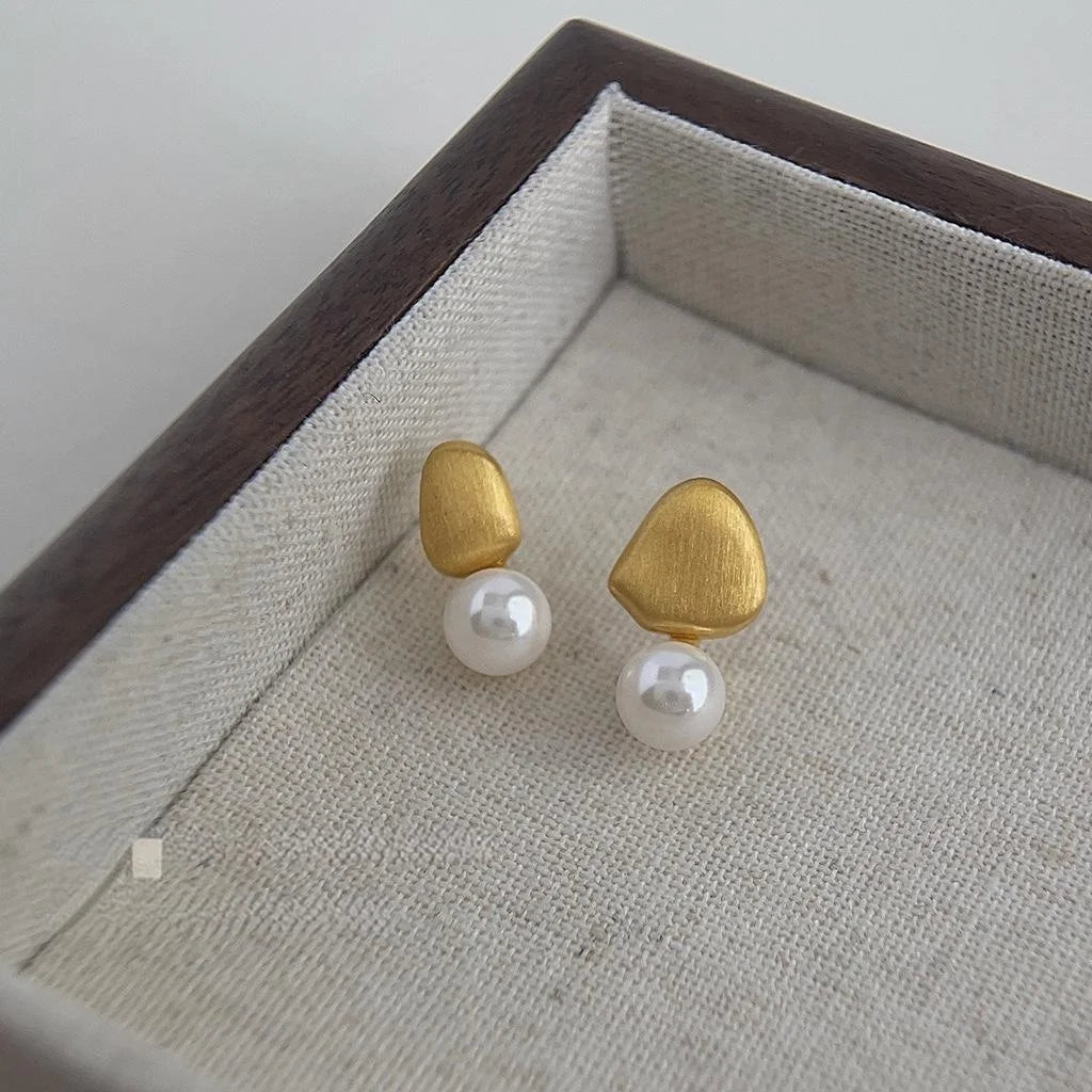 Asymmetric Glass Pearl Brushed Bean Stud Earrings Copper Minimalist Irregular Geometric Jewelry