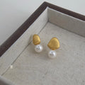 Asymmetric Glass Pearl Brushed Bean Stud Earrings Copper Minimalist Irregular Geometric Jewelry