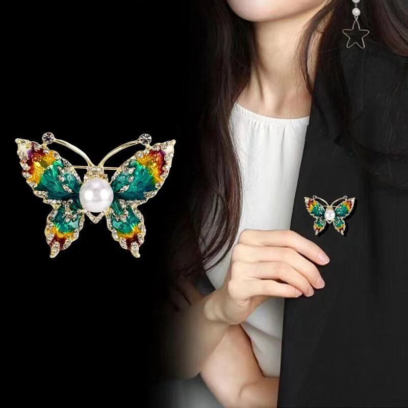 Elegant Gradient Enamel Butterfly Brooch With Rhinestones And Pearl, Women's Lapel Pin Suit Accessory Gift