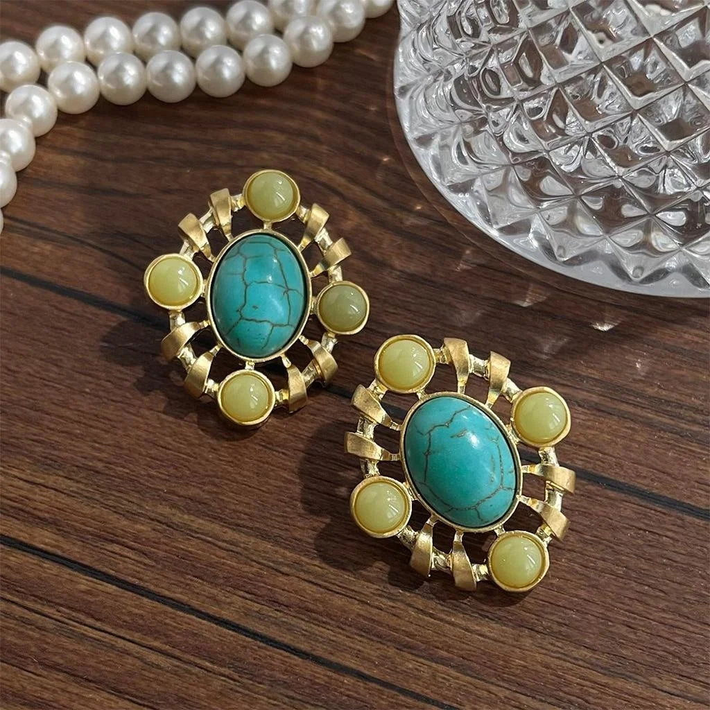 Vintage Synthetic Turquoise Resin Oval Hollow Geometric Drop Earrings
