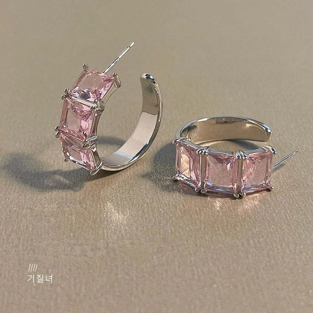 Sweet Cool Pink Zircon Sugar Cube C-Shaped Copper Hoop Earrings With Silver Plated Pins