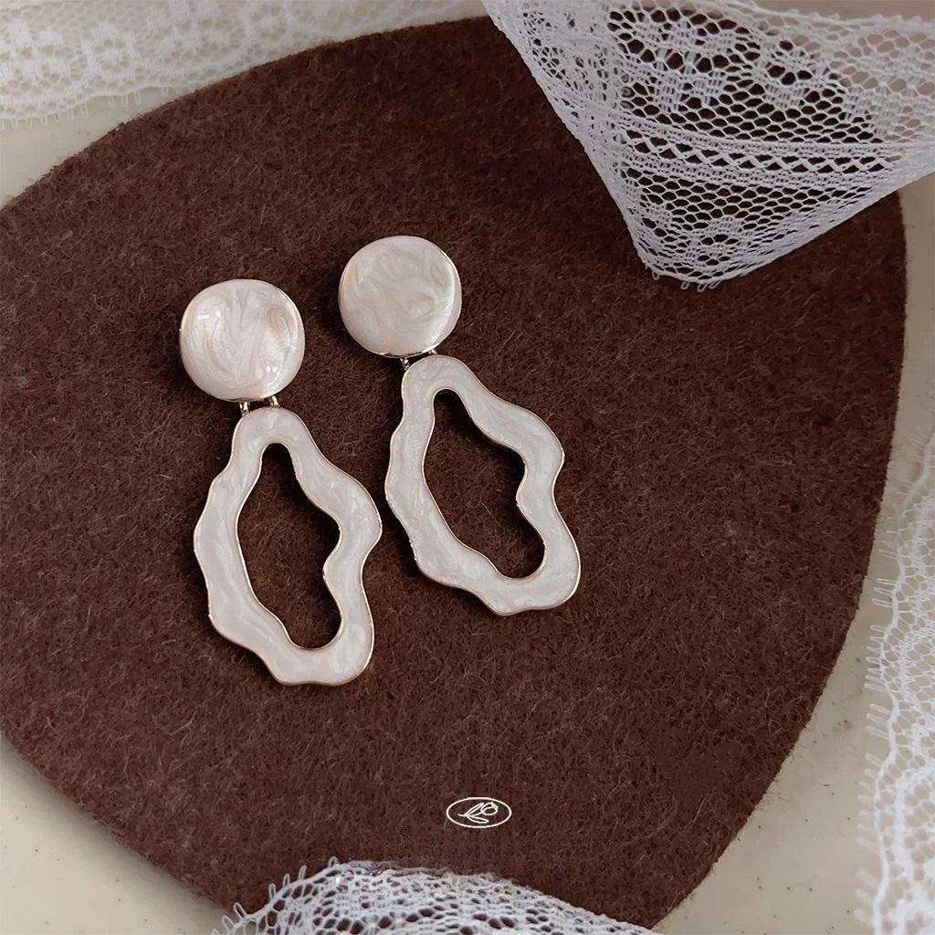 French Vintage Irregular Cream White Hollow Geometric Copper Drop Earrings