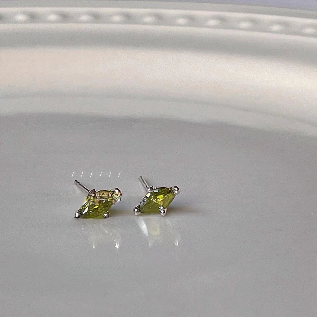 Olive Green Marquise Zircon Copper Stud Earrings Simple Geometric Line Jewelry