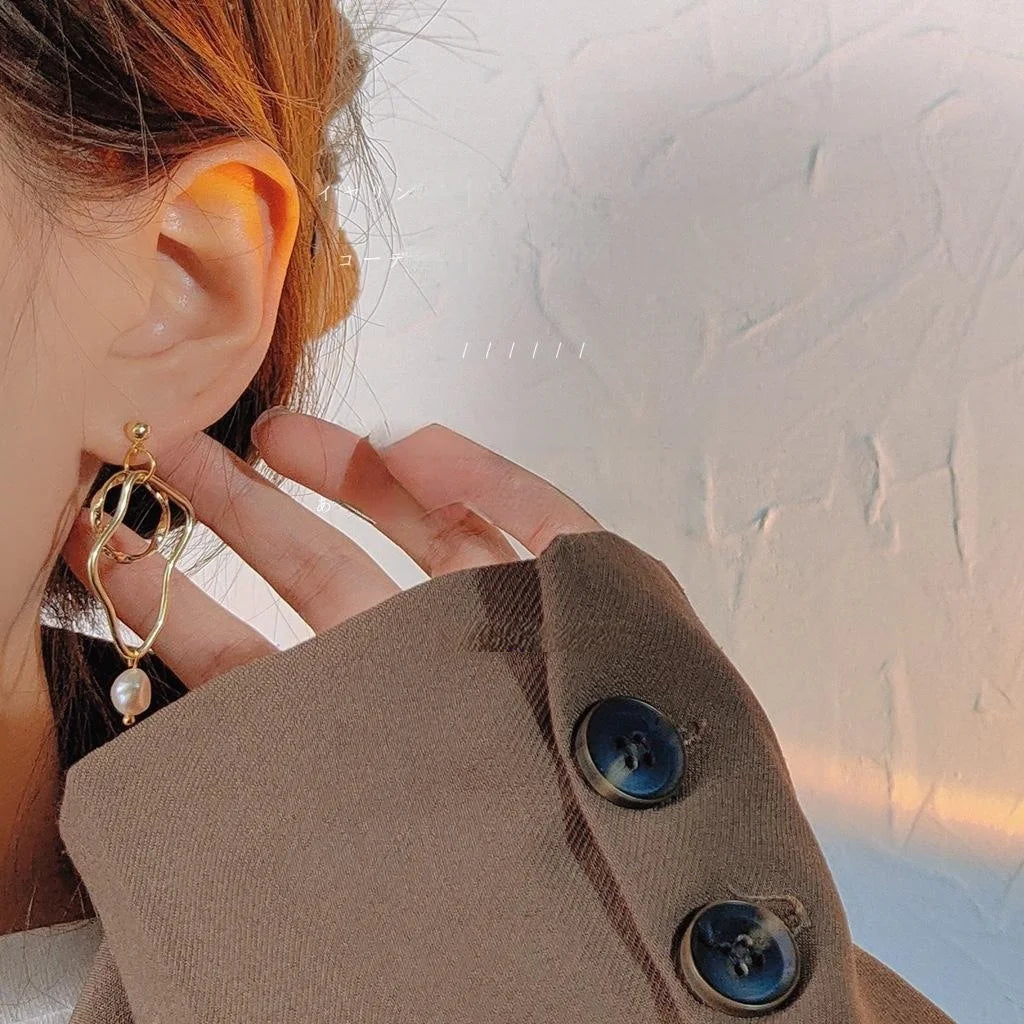 Handmade Copper Freshwater Pearl Stud Earrings Irregular Geometric Silver Plated Pin Jewelry