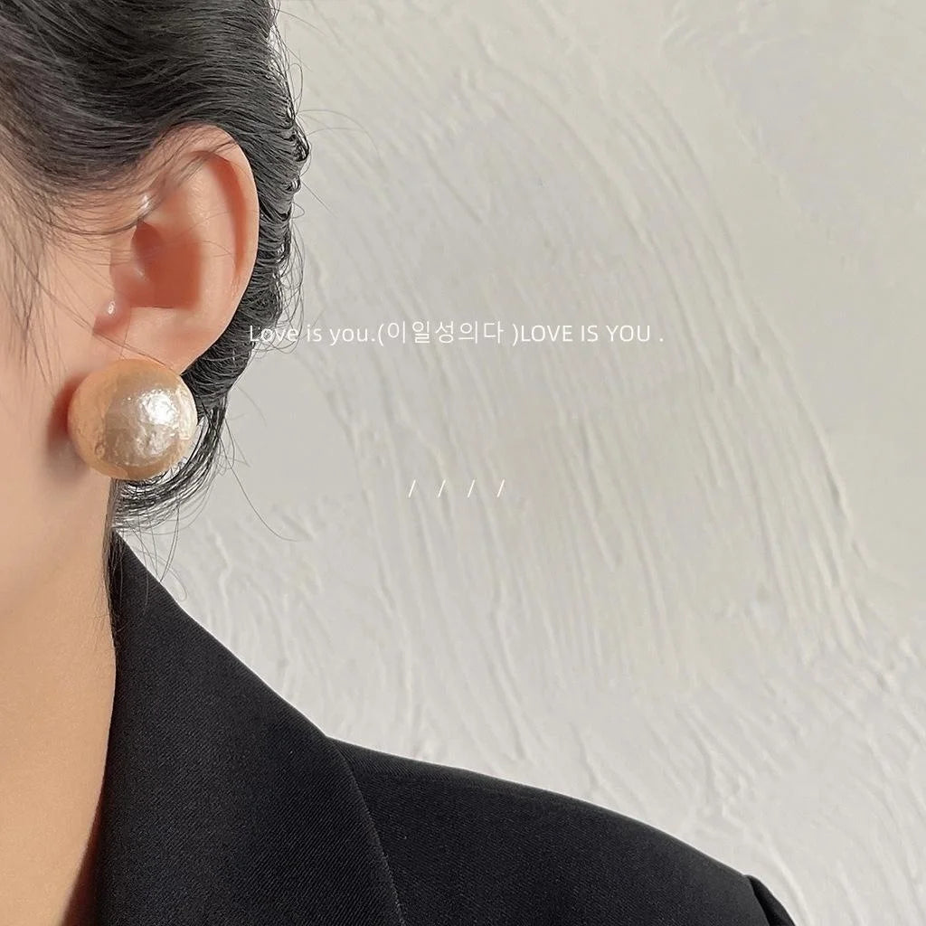 Round Cotton Pearl Silver Plated Pin Stud Earrings, Elegant Minimalist Fashion Jewelry