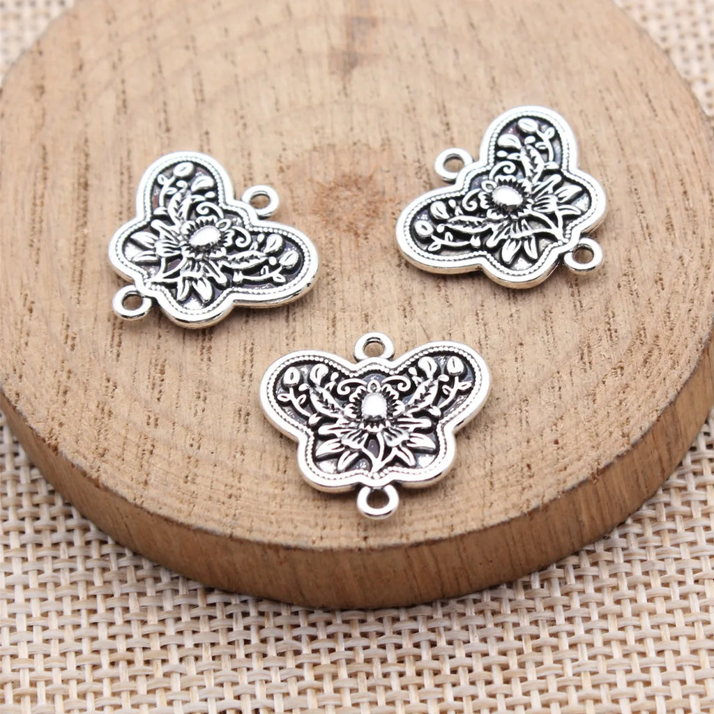 19x17mm 1.75g Antique Silver Zinc Alloy Flower Butterfly Double Sided Connector Charm for DIY Bracelet Necklace