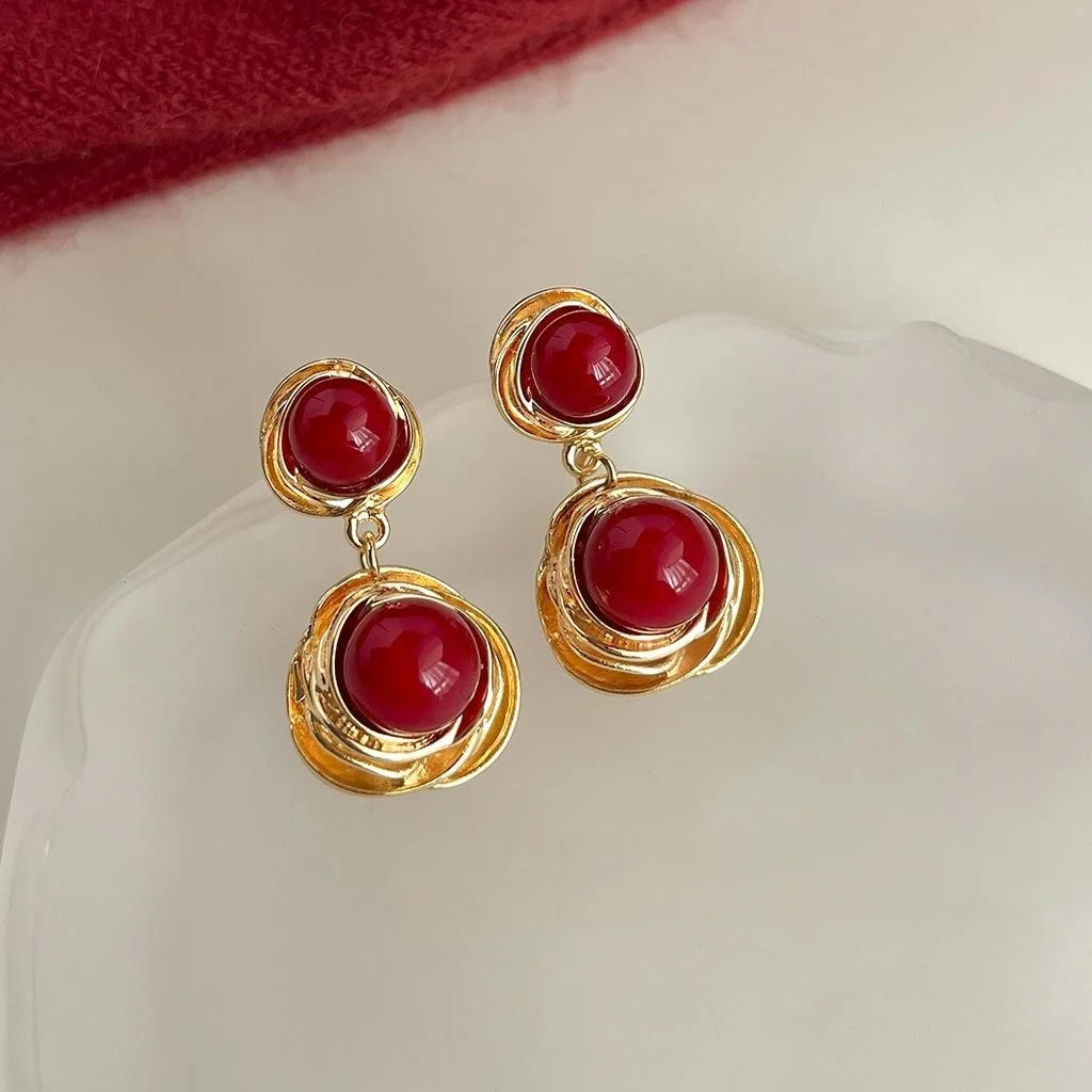Vintage Burgundy Red Pearl Long Tassel Drop Earrings Handmade Copper Geometric Luxury Style