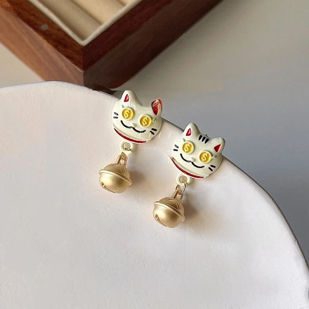 Lucky Cat Copper Stud Earrings With Silver Plated Pins, Enamel New Year Style