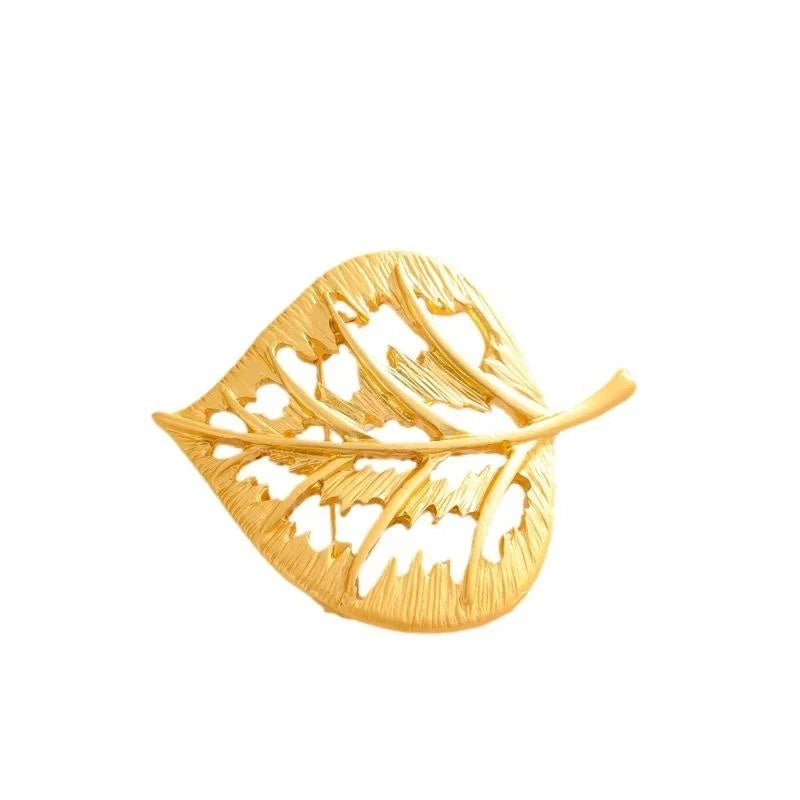 Elegant Gold Tone Alloy Leaf Brooch Hollow Vein Lapel Pin Corsage For Coat Suit Accessory Gift