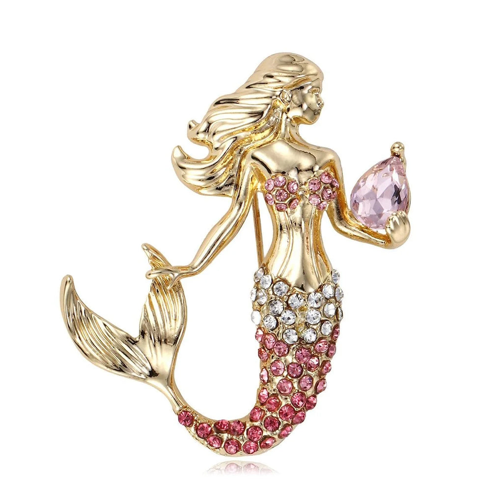 Luxury Gold Alloy Rhinestone Mermaid Brooch With Pink Crystal Pearl Lapel Pin Corsage Suit Accessory Gift