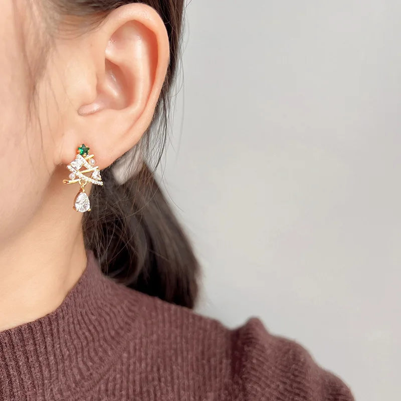 Luxury Gold Alloy Green Zircon Christmas Tree Pearl Waterdrop Stud & Clip On No Piercing Earrings