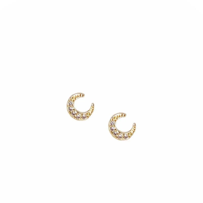 14K Gold Plated Mini Zircon Moon Stud Earrings, Fresh Minimalist Jewelry