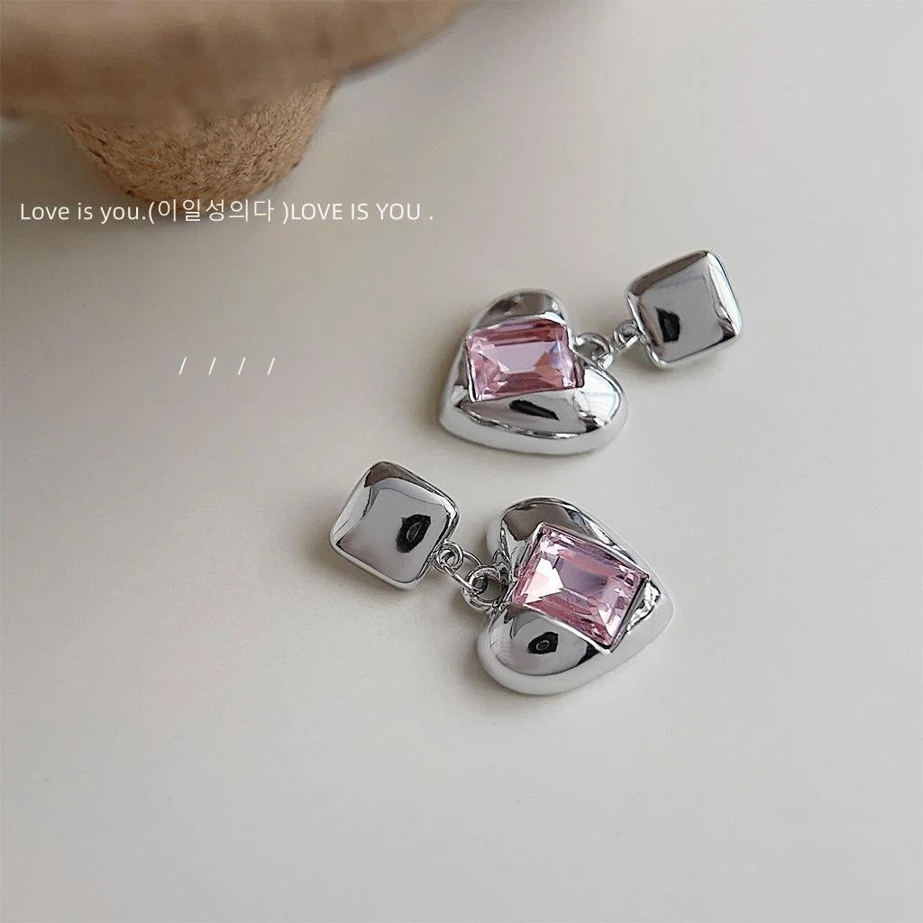 Sweet Cool Pink Glass Crystal Heart Drop Earrings Copper Fashion Statement Jewelry