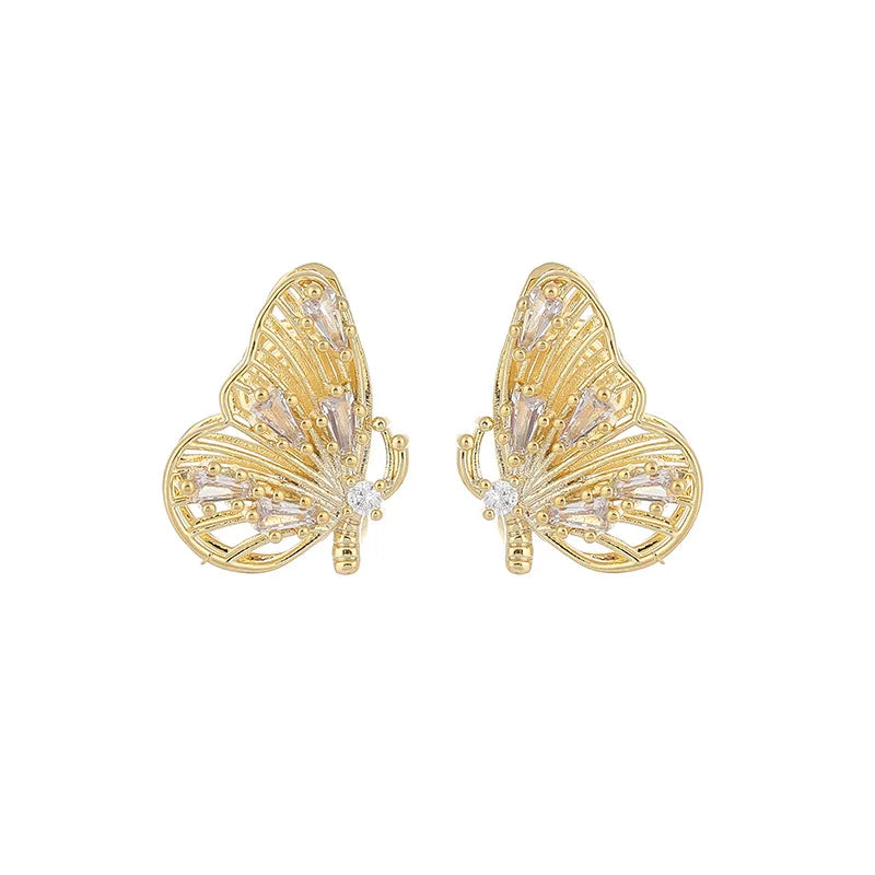 Luxury Gold Tone Alloy Zircon Butterfly Micro Pave Stud & Clip On No Piercing Women's Fashion Earrings