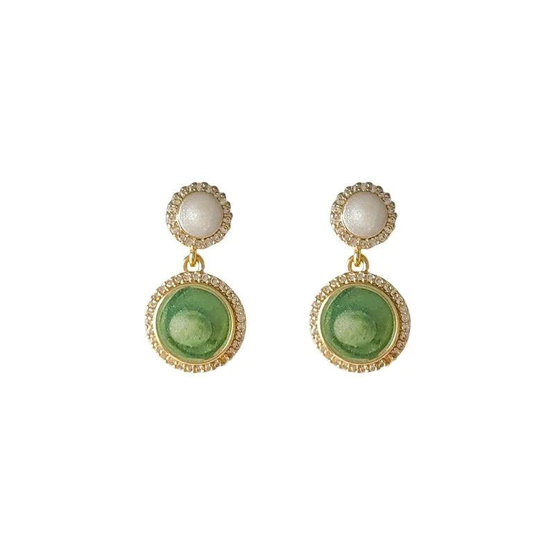 14K Plated Round Green Zircon Stud Earrings, Fresh Summer Colorblock Style