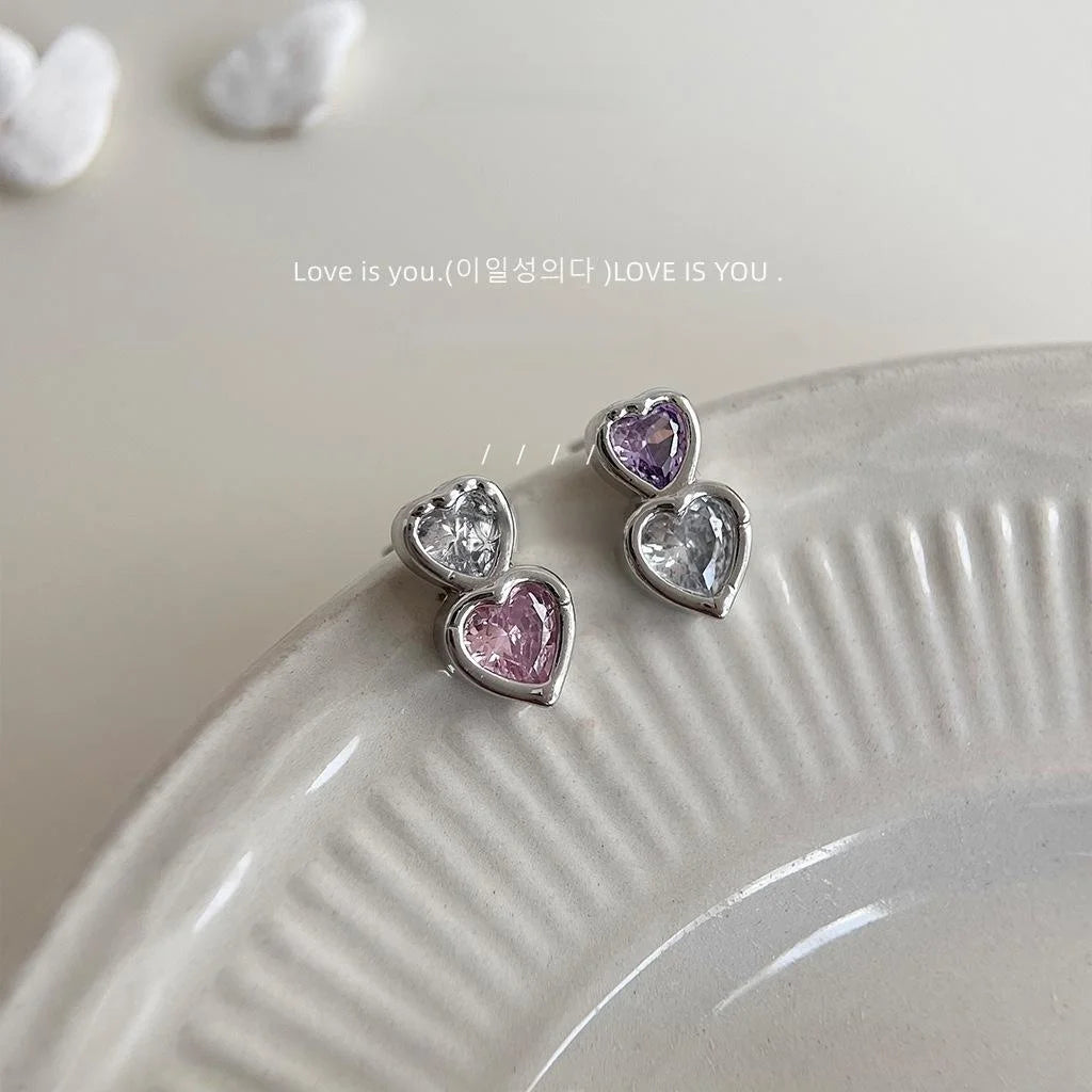 Korean Japanese Style Copper Micro Pave Zircon Colorful Heart Asymmetric Stud Earrings