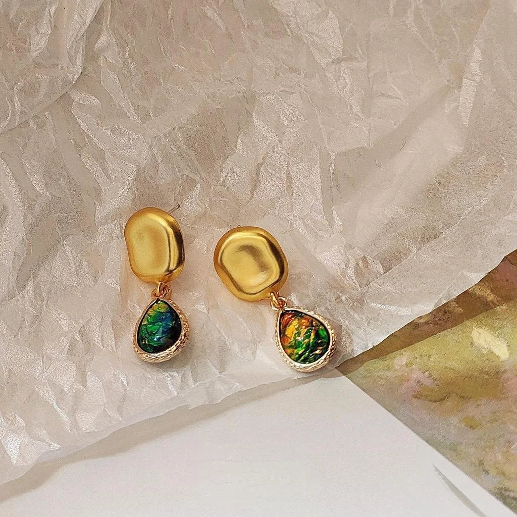 Vintage Abalone Shell Teardrop Stud Earrings Copper French Palace Style Jewelry