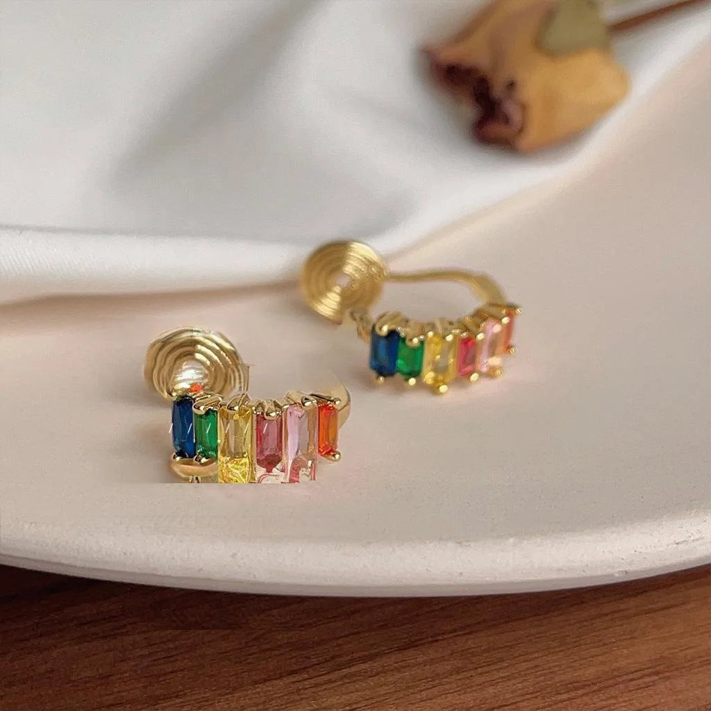 Copper C Shaped Hoop Earrings Non Pierced Clip On Colorful Zircon Korean Minimalist Jewelry