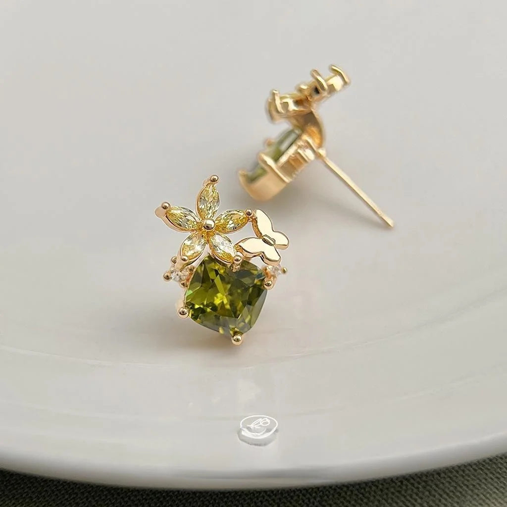 Sweet Olive Green Zircon Flower Butterfly 14K Plated Copper Stud Earrings
