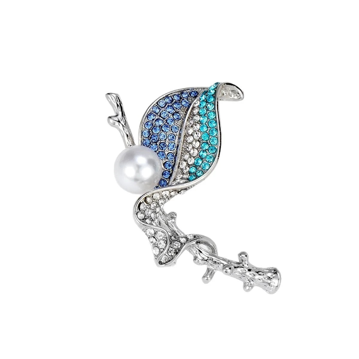 Elegant Pearl Leaf Brooch With Blue Rhinestone Alloy Branch, Luxury Lapel Pin Corsage For Suit And Sweater Gift
