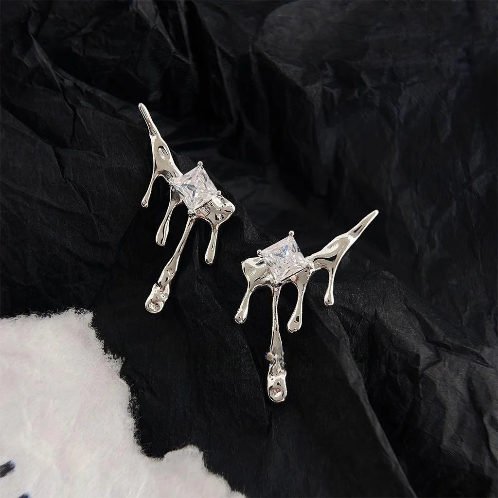 Sweet Cool Irregular Liquid Waterdrop Zircon Copper Stud Earrings With Silver Plated Posts