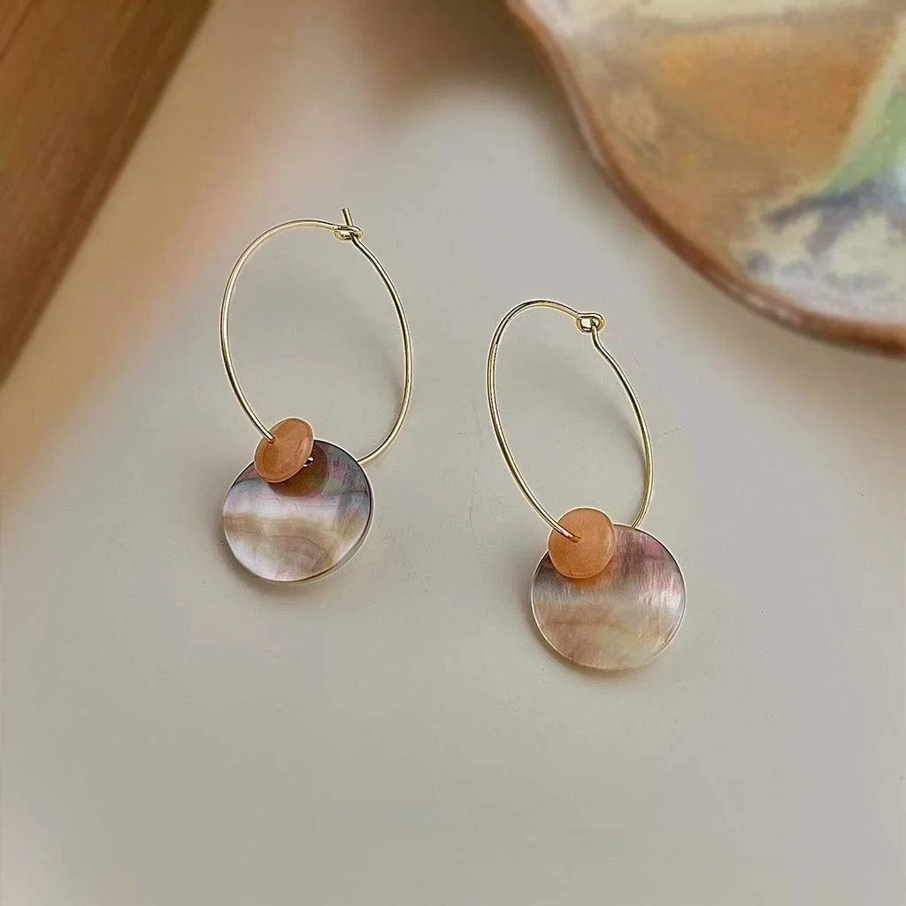 Handmade Copper Real Shell Topaz Round Geometric Drop Earrings For Women Casual Vacation Style