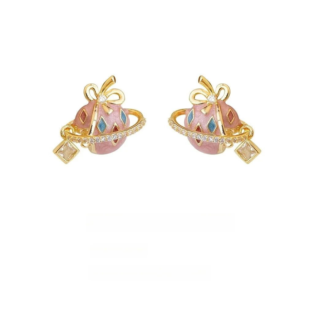 Sweet Strawberry Enamel Copper Zircon Stud Earrings Handmade Painted Fruit Geometric Jewelry
