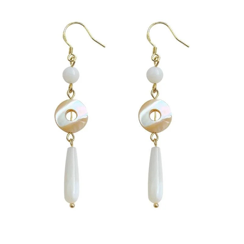 New Chinese Style Real Shell Geometric Line Handmade Long Drop Earrings With Silver Plated Pins