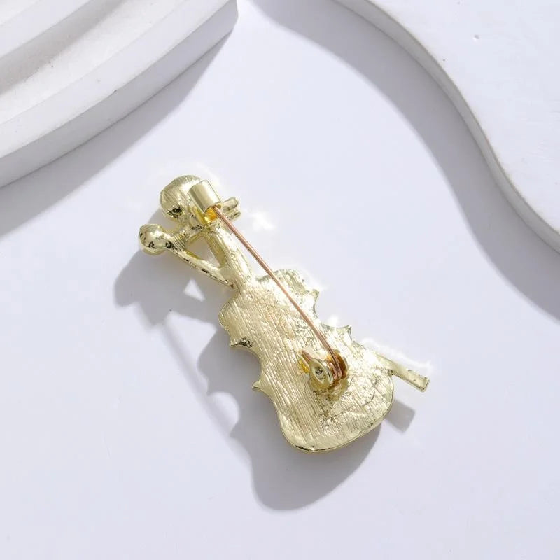 Elegant Violin Brooch With Sparkling Rhinestones And Pearl Accent, Gold Tone Alloy Lapel Pin Gift