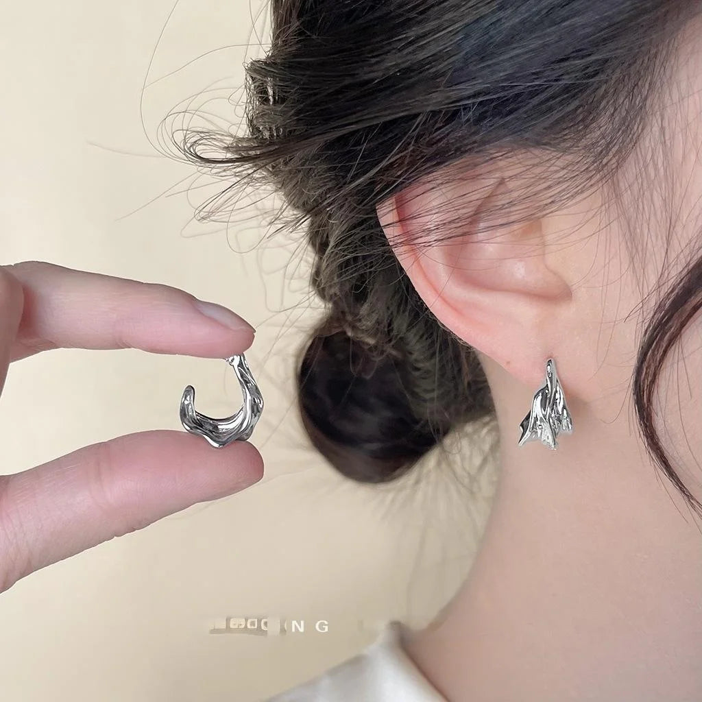 Minimalist Silver Plated Copper Irregular Geometric Wrinkle Drop Earrings For Women