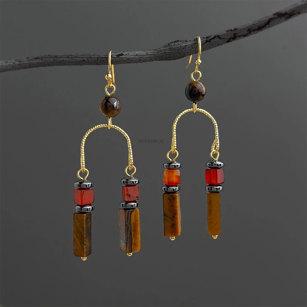 Vintage Maillard Ethnic Geometric Tassel Drop Earrings Copper Red Agate Tiger Eye Natural Stone