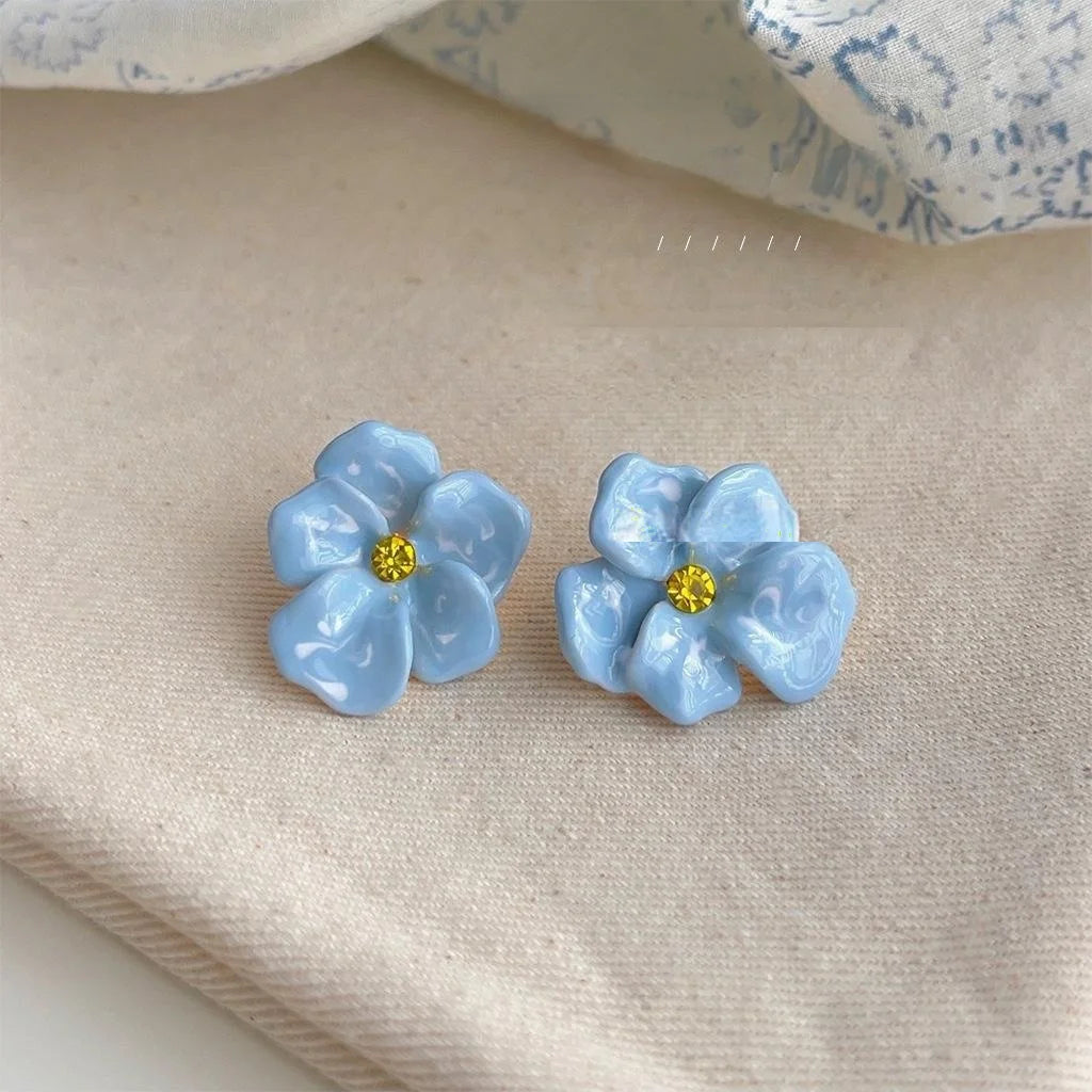 Vintage Enamel Orchid Flower Stud Earrings Gold Plated Copper Artsy Fresh Jewelry