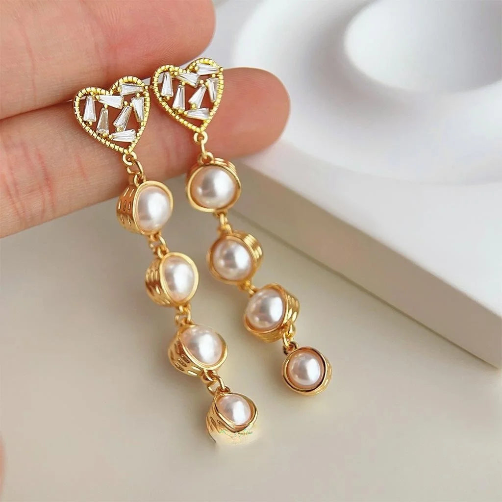 18K Gold Plated Copper Heart Tassel Drop Earrings With Glass Pearl Business Style