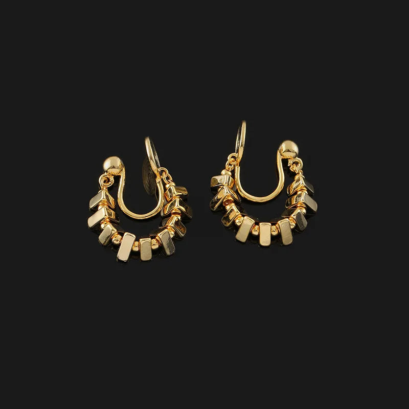 Luxury Alloy Triangle Hoop Beaded Stud & Clip On No Piercing Handmade Metal Dangle Earrings