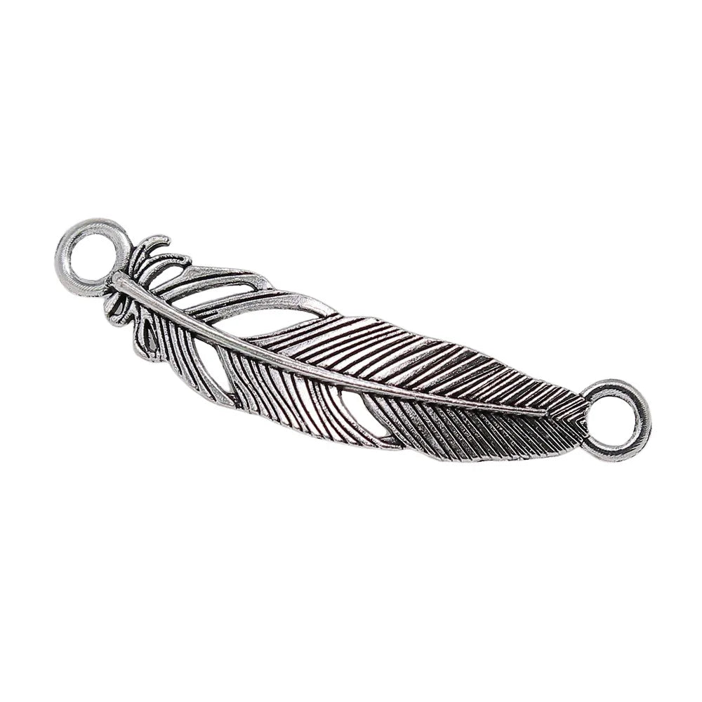 10x46mm 2.2g Antique Silver Zinc Alloy Feather Connector Charm for DIY Necklace Bracelet Jewelry Making