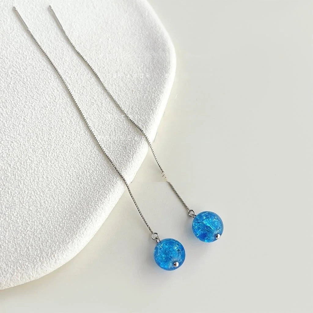 Blue Planet Glass Crushed Ice Long Tassel Ear Thread Drop Earrings Geometric Fresh Style