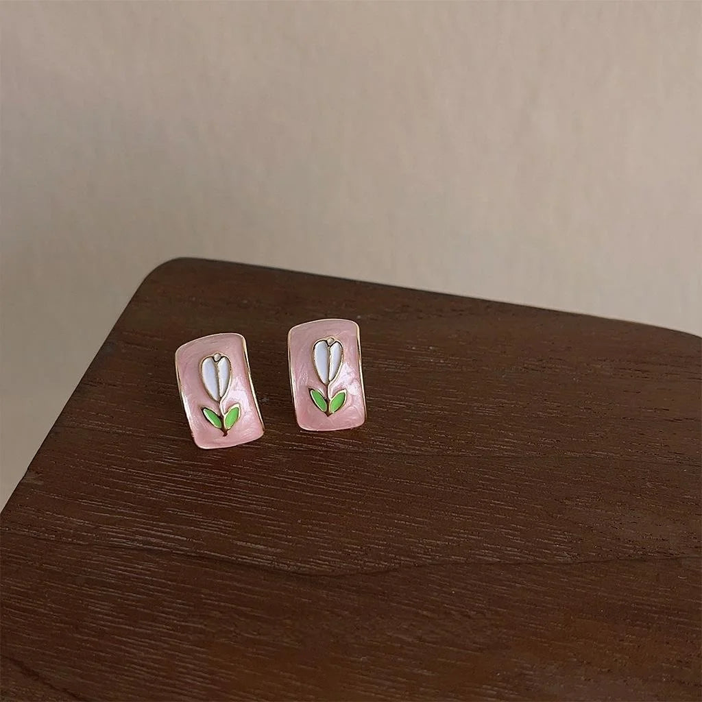 Sweet Pink Tulip Enamel Copper Stud Earrings Fresh Floral Geometric Spring Summer Jewelry