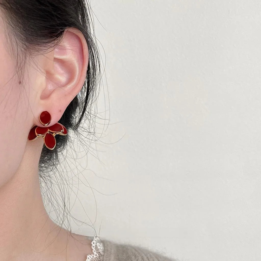 French Vintage Burgundy Enamel Copper 3D Leaf Two-Way Designer Drop Earrings