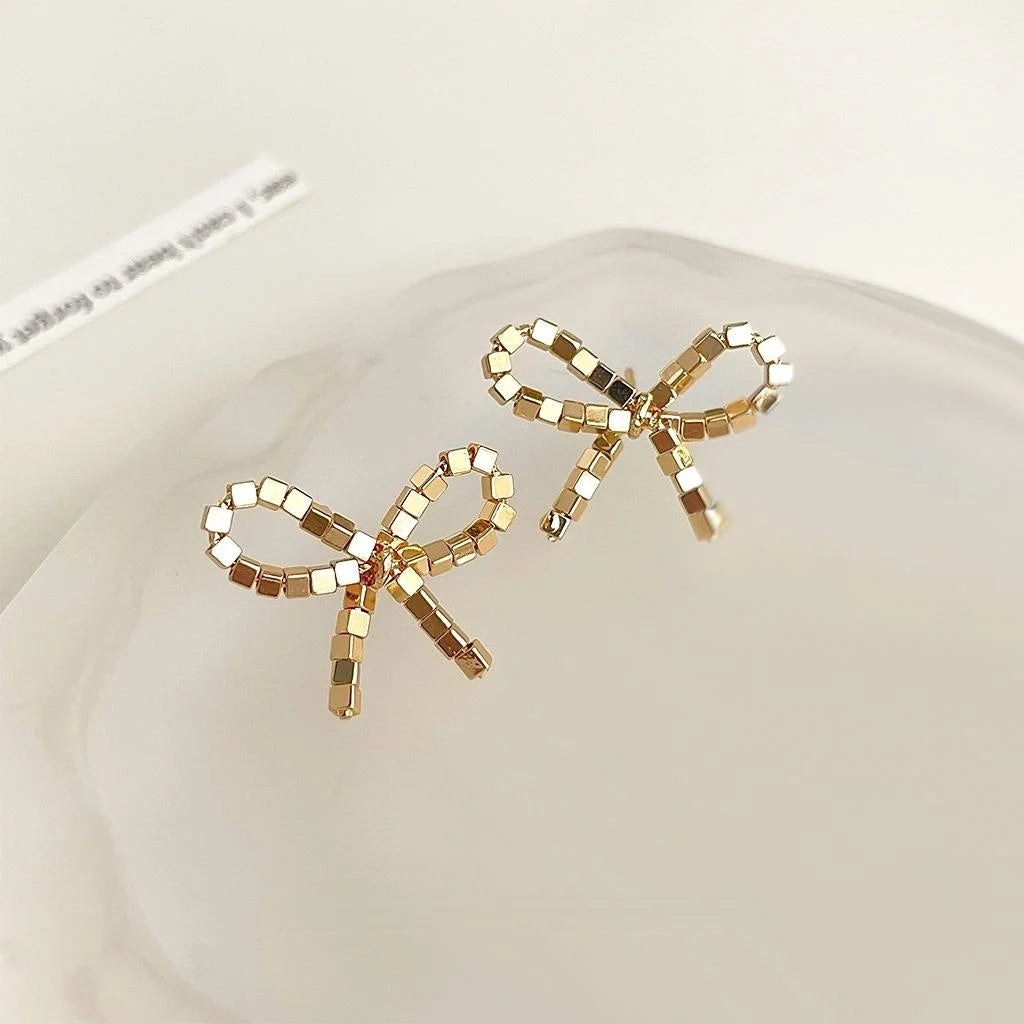 Fashion Designer 14K Plated Copper 3D Bow Stud Earrings