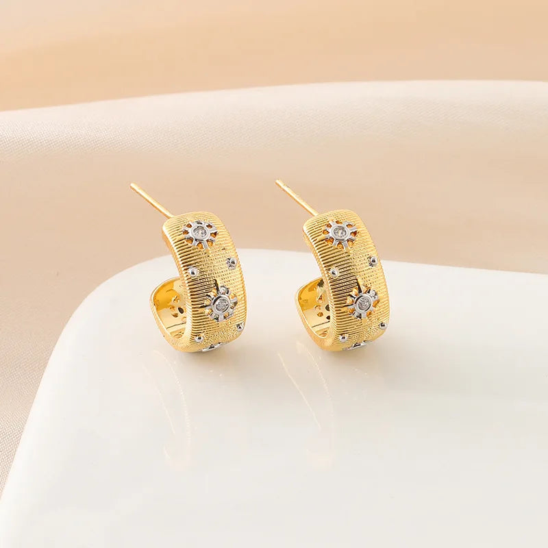 Unique Two Tone C Hoop Alloy Rhinestone Spiral Disc Stud & Clip On No Piercing Luxury Earrings