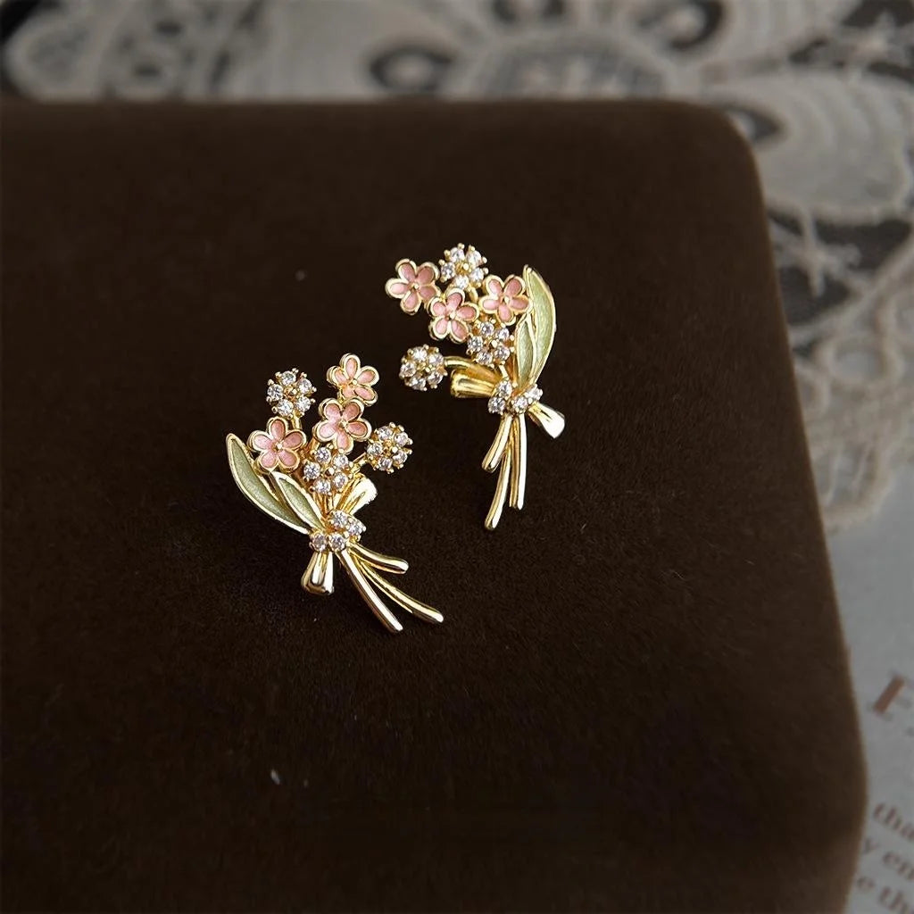 Original Designer Enamel Hand Painted Micro Pave Zircon Flower Stud Earrings Eco Copper Fresh Sweet Style
