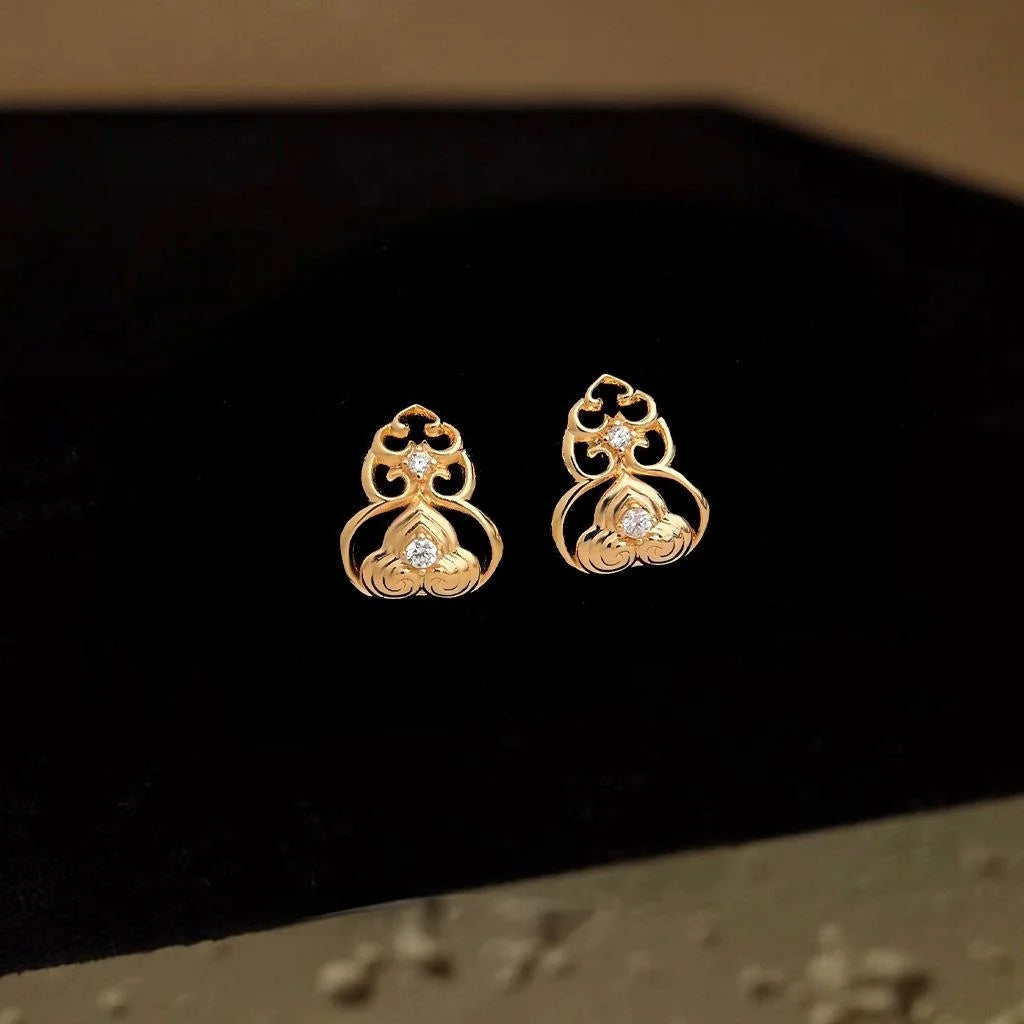 Light Luxury 14K Plated Copper Zircon Gourd Stud Earrings, Geometric Chinese Pattern Jewelry
